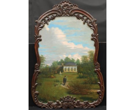 Interior Decoration - a substantial Continental pier panel, painted with a gentleman and his dog in a country house garden, o
