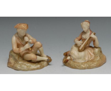 A pair of Royal Worcester figures, of Musicians, as a seated girl and boy,  in 18th century costume, he playing a pipe, she a