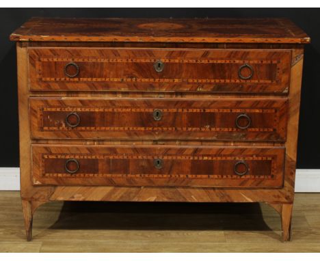 A late 18th century North Italian walnut and marquetry commode, rectangular top above three long drawers, ring handles, taper
