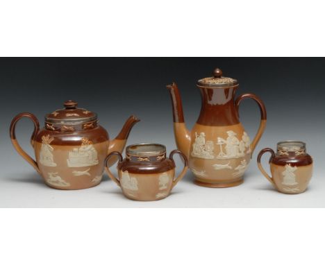 A Royal Doulton silver mounted brown and buff salt glazed stoneware three piece tea service, typically sprigged, impressed ma