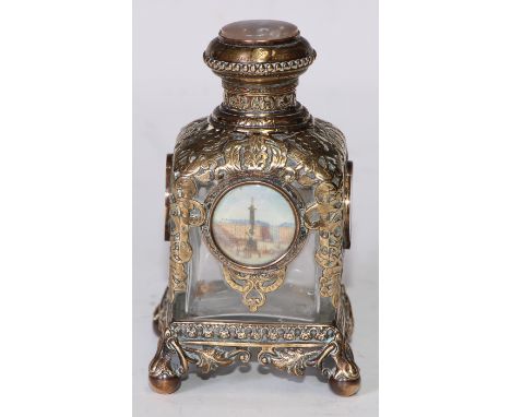A French Palais Royal gilt brass scent bottle, the pierced mounts engraved with scrolling foliage and set with architectural 