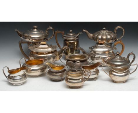 Matthew Boulton - a George IV Old Sheffield Plate three piece tea service, reeded girdles, the teapot 27cm long, c.1820; othe