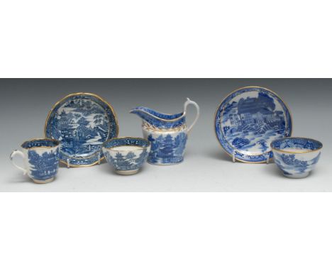 A Caughley Willow pattern tea bowl coffee cup and saucer, printed in underglazed blue, gilt line borders, S mark;  a similar 