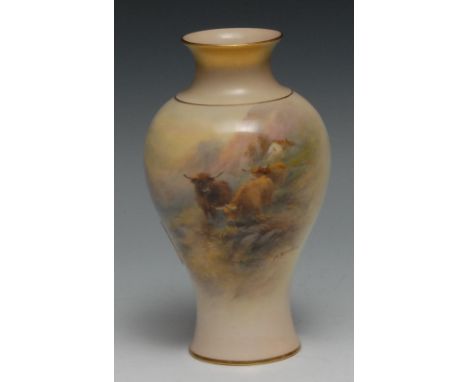 A Royal Worcester baluster vase,  painted by Harry Stinton, signed, with Highland Cattle, 14.5cm high, printed mark in puce, 