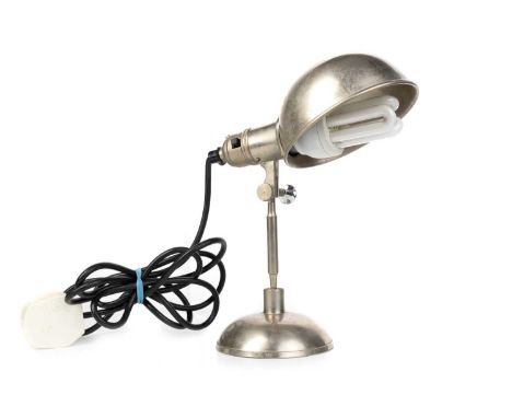 ATTRIBUTED TO METEK, INDUSTRIAL ALUMINIUM DESK LAMP, 1950-59 domed shade over adjustable column and domed foot, wired for ele