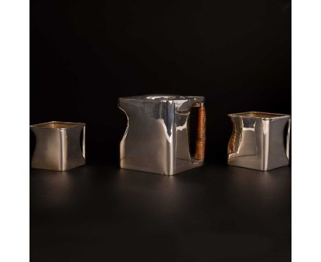 THREE PIECE TEA SERVICE, DESIGNED 1916 in electroplated nickel silver, comprising teapot, milk jug and sugar bowl, the teapot