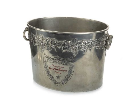 MÖET ET CHANDON, DOM PERIGNON, STAINLESS STEEL CHAMPAGNE BUCKET, CONTEMPORARY of oval form with twin hoop handles, cast with 