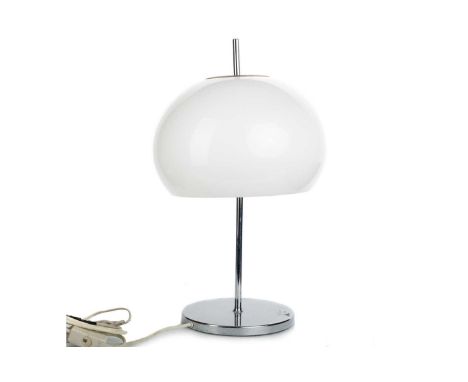 IN THE MANNER OF HARVEY GUZZINI, TABLE LAMP, 1970-79 with opaque acrylic shade, chromed column and circular foot, wired for e