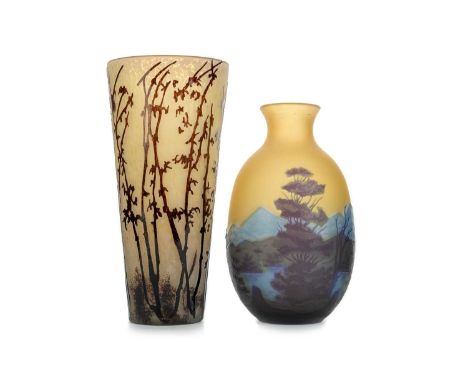 TWO CAMEO CUT GLASS VASES, EARLY TO MID-20TH CENTURY the first of ovoid form with flared rim, cased and cut with landscape in