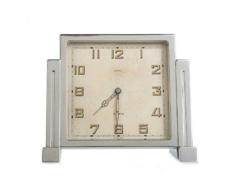 ASPREY, ART DECO MANTEL CLOCK, 1930-39 with eight day movement, the signed square dial with luminous Arabic numbers, in chrom