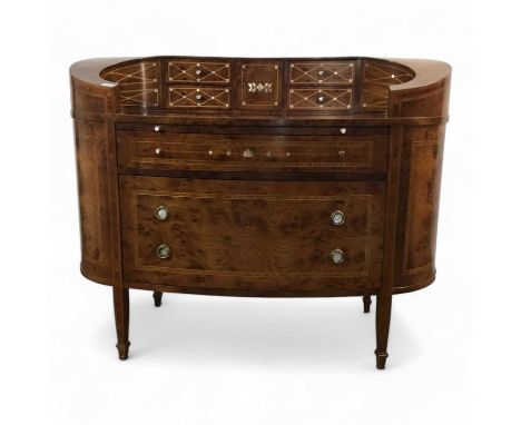INLAID BURR WALNUT CARLTON HOUSE DESK, CONTEMPORARY of oval form, the top with four short drawers flanking a single door, ove