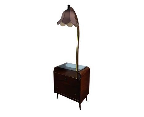 WALNUT COCKTAIL CABINET / LAMP, 1950-59 mounted distributer plaque for W.K. BARGE, with fabric shade over a curved colmn, the