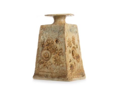 IN THE MANNER OF BERNARD ROOKE, STUDIO POTTERY VASE, 1970-80 with broad circular rim, over a tapered oblong body, impressed c