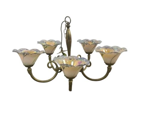 BRASS FIVE BRANCH CHANDELIER, EARLY 20TH CENTURY each scroll branch fitted with associated art nouveau style iridescent glass