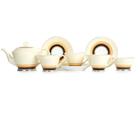 NORITAKE, ART DECO TEA-FOR-TWO SET, 1930-50 comprising a teapot, two cups and saucers (one spare saucer), sugar bowl and crea