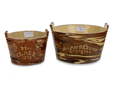 SEATON POTTERY, TWO VICTORIAN AGATE WARE BUTTER BOWLS, LATE 19TH CENTURY  of circular form, the first inscribed 'Mrs Anderson