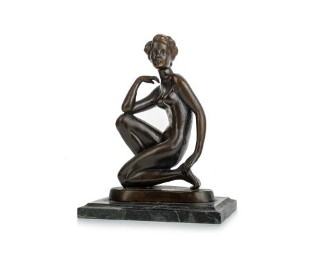 MARCEL BOURAINE (FRENCH, 1886–1948), ART DECO BRONZE SCULPTURE, CIRCA 1920-40 modelled as a kneeling nude woman, signed, on o