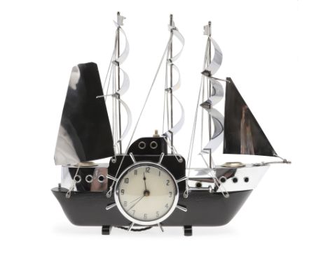 English made, in the form of a three mast galleon with chrome sails, ebonised hull and light-up portholes, the 4" dial with s