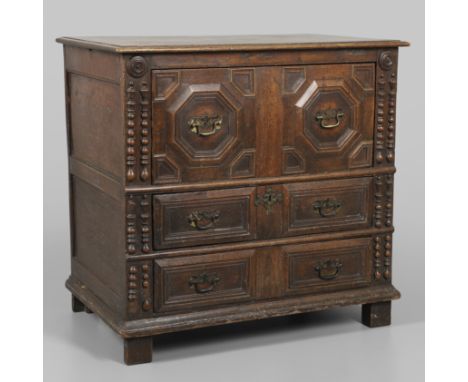 the three drawers and front with geometric and half bobbin turned moulding, the sides with panelling, raised on block feet, h