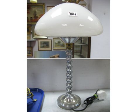A Circa 1930's Art Deco Lamp, having a chrome barley twist stand and white glass mushroom shade.