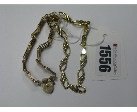 A 9ct Gold Gate Style Bracelet, of openwork design, to heart shape padlock clasp, a 9ct gold fancy link bracelet. (2)