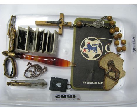 A Vintage "Elizabeth R 1953" Commemorative Picture Book Brooch, rosary beads, banded agate handle, a violin style brooch, par