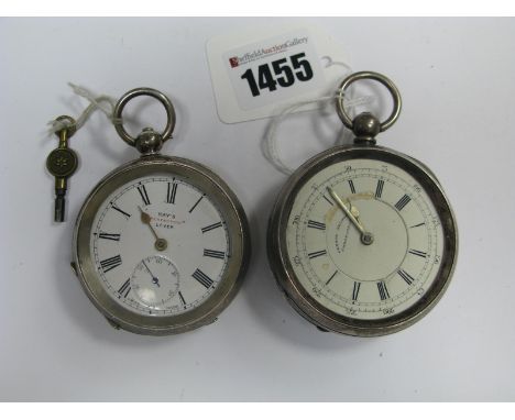 A Hallmarked Silver Cased Openface Chronograph Pocketwatch, (damages) within engine turned case; "Kay's Perfection Lever" ope