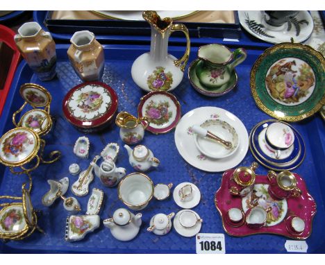 Limoges Miniature Tea Service, La Reine Limoges miniature salon chairs, table, miniature Coalport china trio "Titania" Etc:- 