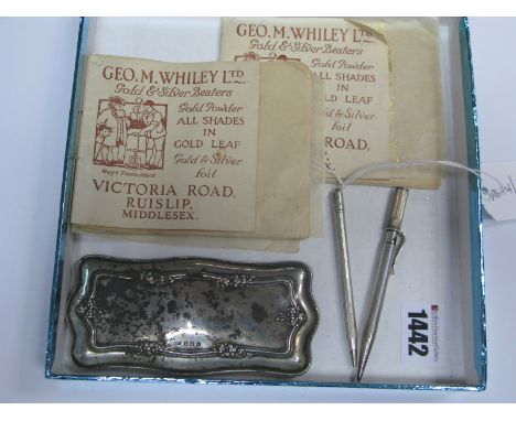 Geo. M. Whiley Ltd Golf Leaf, in two booklets, two pencils, a hallmarked silver trinket box lid (no base). (4)