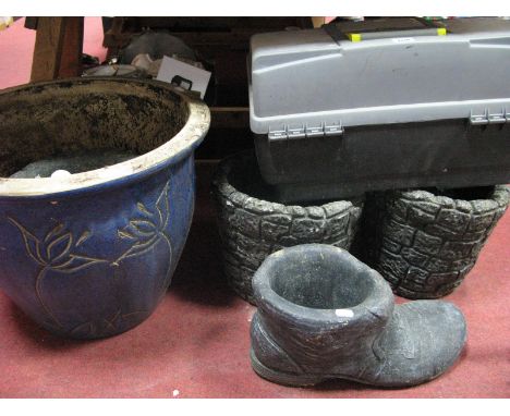 A Large Blue Glazed Garden Planter (diameter 42cm), three brick effect planters, novelty boot planter and tool box. (6)