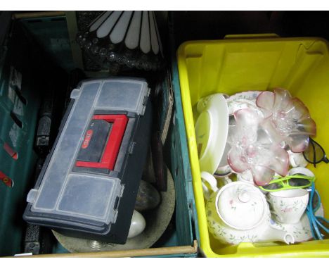 Locomotives Made of Coal, Tiffany style table lamp, mineral eggs, pottery etc:- Two Boxes