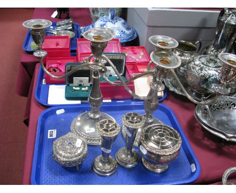 A Pair of Viners Twin Branch Plated Candelabra, pair of posy vase, trinket box (hinge broken), etc:- One Tray