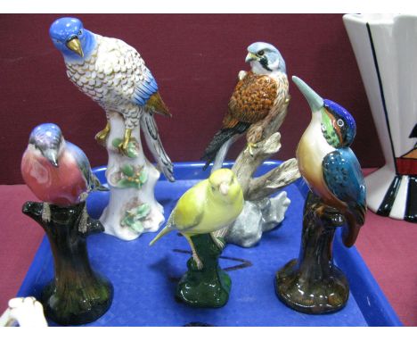 Three Tuscan China Birds, including Kingfisher, R. J. Mark Kestrel, continental Parakeet, (chipped).