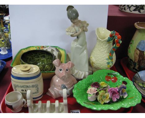 Clarice Cliff Jug, Crown Devon bowl, Beswick leaf pattern dish, Nat West Pig, Nao figure:- One Tray