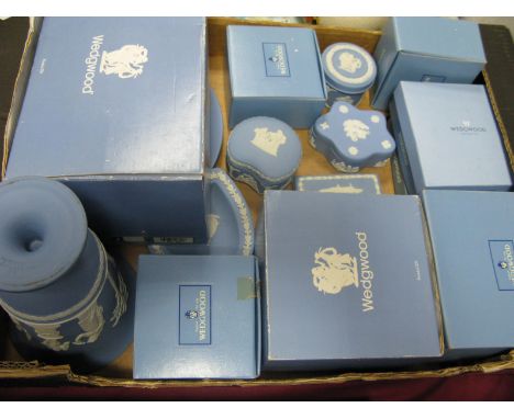 A Quantity of Wedgwood Powder Blue Jasperware Pottery, including vase 19cm high, trinket boxes, circular plate, etc, some wit