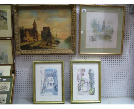 Dutch School 'River Scene with Village' oil on canvas, signed lower right, gilt moulded frame 34 x44cm, and three further pri