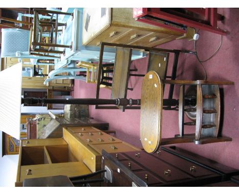 An Oak Folding Two Tier Dumb Waiter, lamp standard and an oak magazine rack. (3)