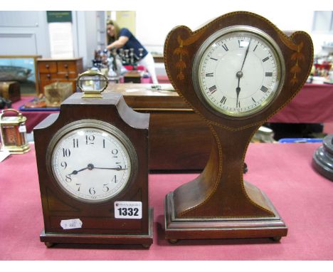 An Edwardian Mantle Clock, in inlaid mahogany balloon case, on ball feet, having French movement, 27cm high, another similar 