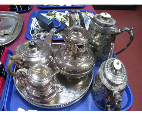 Harrowby Plate Four Piece Silver Plated Tea Service, circular tray, early XX Century plated and engraved tea and coffee pots.