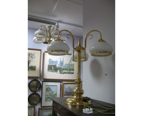 Five Branch Gilt Coloured Ceiling Light, with white glass shades, a similar three branch table lamp. (2)