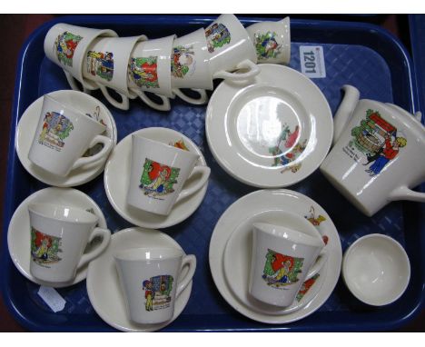 A Mid XX Century Child's 'Nursery Rhyme' Pottery Tea Service, comprising ten cups, nine saucers, seven 10.5cm diameter plates