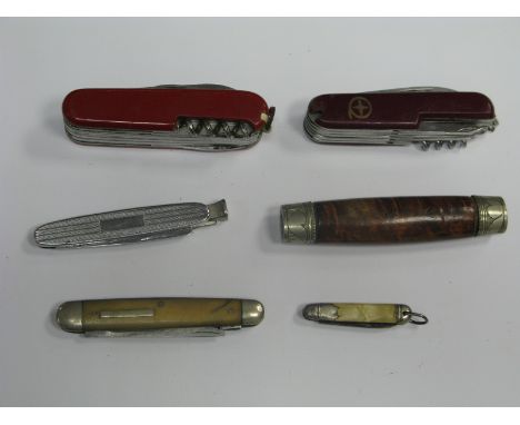 Two Multi Blade Swiss Army Type Knives, four others including Polo, Walker &amp; Hall, miniature etc. (6)
