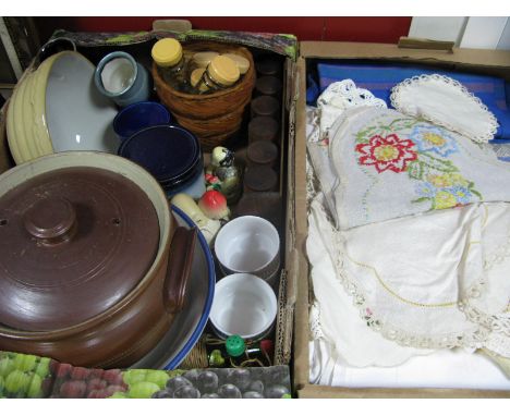 Cotton Sheets, embroidered mats, coves, etc; stoneware lidded pot, spice rack, bowl, etc:- Two Boxes