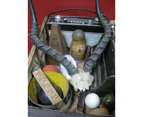 Impala? Animal Horns, Metronome, Roberts R707 radio, letter rack, Chinese alarm clock rule, tile set etc:- On Box