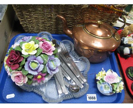 Copper Kettle, cut glass trinket tray, two floral posies, Viners cutlery.