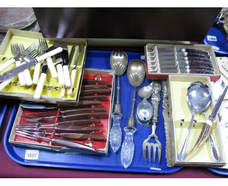 Plated Mustard "Croisdale" Shell Caddy Spoon, glass handled salad servers, decorative fish servers, boxed cutlery sets:- One 