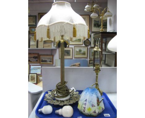 A Brass Table Lamp, with porcelain and vine base, brass tripod base lamp, butterfly glass shades:- One Tray