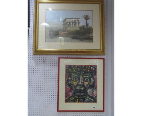After David Roberts 'Temple Bed of Pharoah' Colour Print, 34 x 49cm; and an oil portrait study of a Royal Kings head. (2)