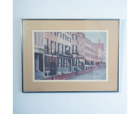 Original color lithograph on laid paper that depicts a street in Beacon Hill, Boston, by Maine artist Joy Biddle. Signature, 