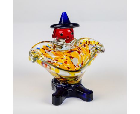 A charming Murano glass clown  bowl featuring vibrant yellow, red, and blue speckled designs. The clown's expressive red face